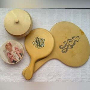 Vintage Antique Ivory Pyralin DuBarry Celluloid Art Deco Monogram Vanity Set MCM